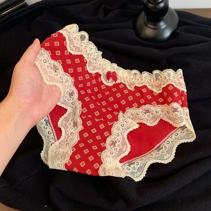 Women's Pure Cotton Extended Crotch Red Lace New Festive New Year Underwear for Women