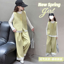 女童套装春装2025新款洋气儿童韩版中大童春秋休闲卫衣马甲三件套