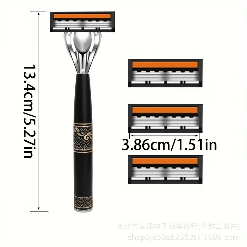 跨境爆款祥云国风3层不锈钢剃须刀套装耐用不锈钢刀柄刀架|undefined