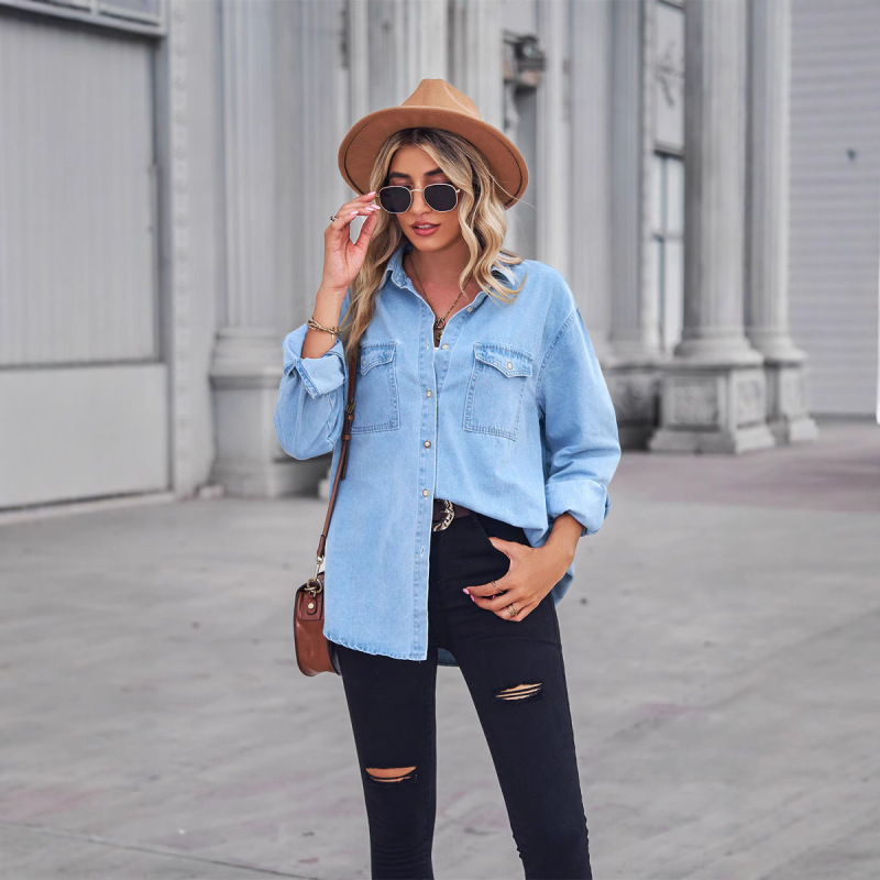 Europe and the United States new cross-border foreign trade Amazon women's light color thin Denim long sleeve shirt women's lapel top