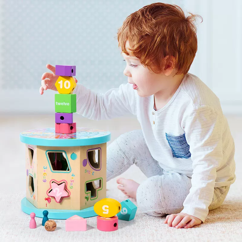 跨境新品木制多功能儿童绕珠百宝箱早教智力配对场景智力盒玩具