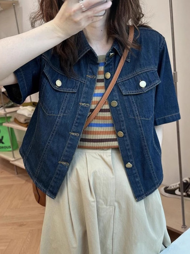 Women's Short Sleeve Denim Jacket Blouse Thin Version Summer Design Sense Minority Retro Hong Kong Style Collar Short Top Women's Trendy