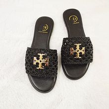 2025年新款Tory爆款非洲编织鞋面一字外穿拖鞋Women Slippers