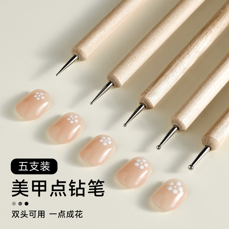 Double-Headed Manicure Pen Set of 5 Wooden Poles, Manicure, Sticky Diamond Painting, Flower Drawing Pen, Manicure Dot Drill and Polka Dot Special Tool
