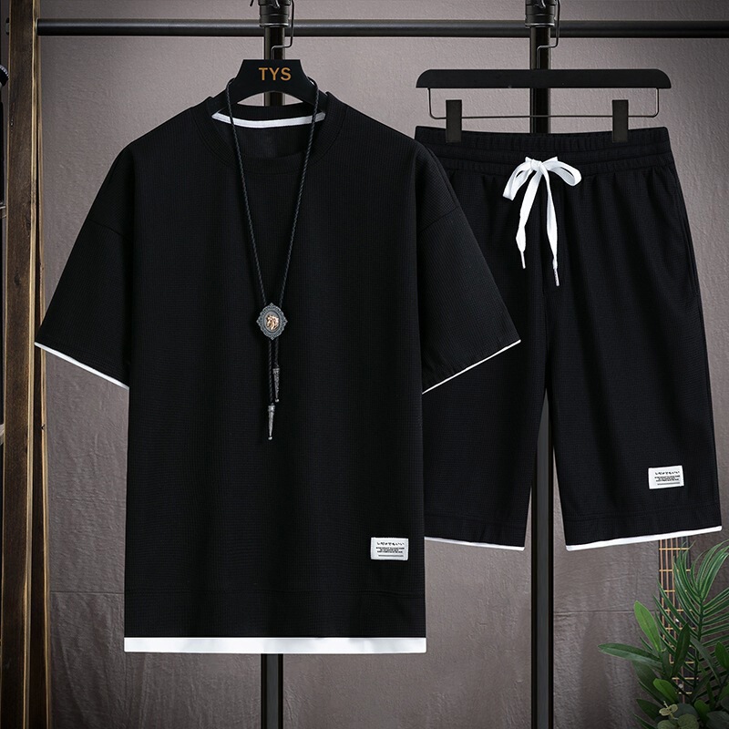 Men's Casual Tracksuit Set Versatile Short-Sleeve Shorts Summer Waffle Top and Pants Trendy Men's Shorts