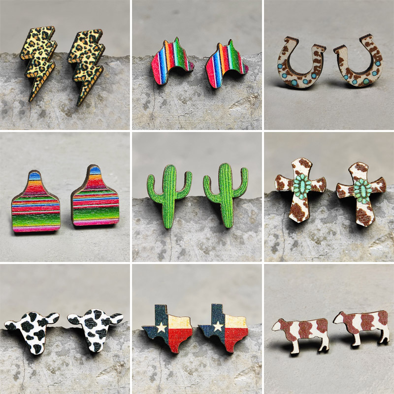 1 Pair Retro Cactus Cows Leopard Wood Women's Ear Studs display picture 4