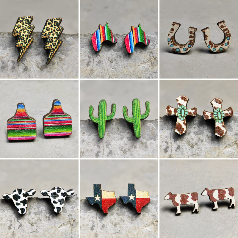 1 Pair Retro Cactus Cows Leopard Wood Womenu0027S Ear Studs