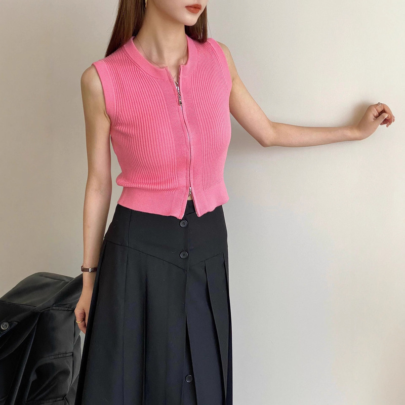 26 Spring/Summer Miu Style Solid Color Simple Versatile Slim-Fit Short Sleeveless Knit Cardigan with Round Neck and Double Zipper