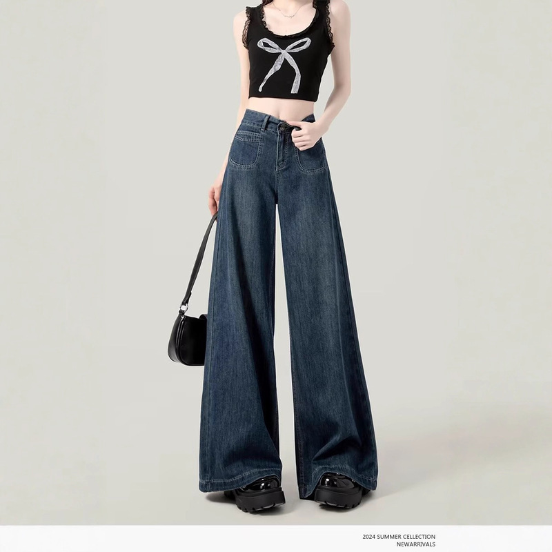 Trendy Dark Blue Wide-Leg Jeans for Women, Early Autumn New Fashion Versatile High-Waisted Loose Floor-Length Pants, Vintage Style