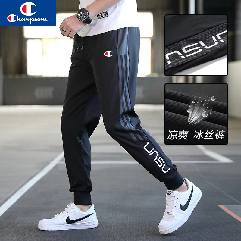 Champion Graffiti 2025 Summer Thin Quick-Drying Air-Conditioned Pants Sports Leg-Tie Ice Silk Pants Men's Trendy Brand Casual Pants