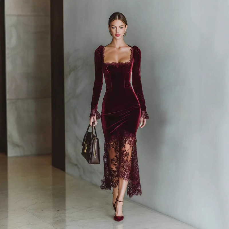Foreign Trade Cross-Border E-Commerce Platform Aliexpress Amazon Burgundy French-Style Velvet Fishtail New Dress Gown
