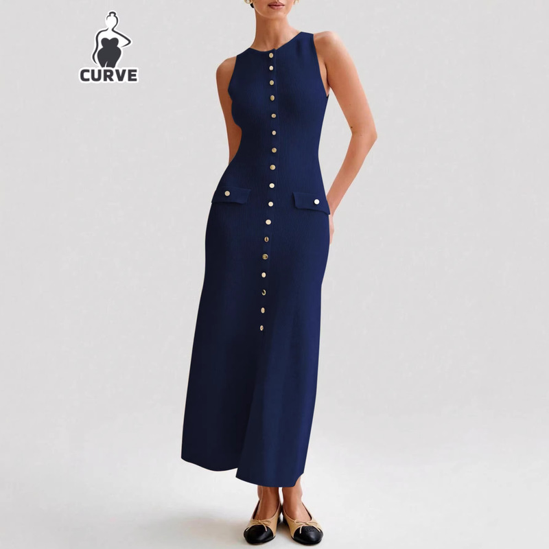European and American Style Women's Sleeveless Round-Neck Knit Dress, Single-Breasted Solid Color Long Dress, Slim Fit, Comfortable, Overseas Warehouse European and American Style Women's Sleeveless Round-Neck Knit Dress, Single-Breasted Solid Color Long Dress, Slim Fit, Comfortable, Overseas Warehouse