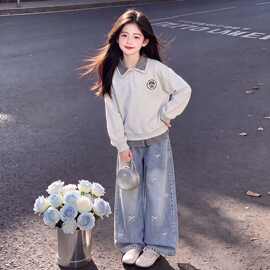 中大童女童新款春秋百搭格子假两件拼接上衣蝴蝶结设计牛仔裤套装