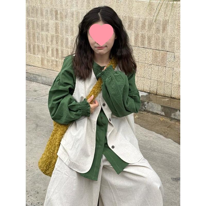 大码女装胖mm日系复古套装女绿色棉麻衬衫工装马甲阔腿裤三件套春|undefined