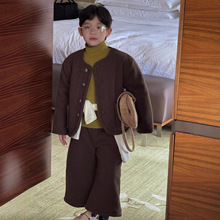 蓝钰25秋冬新品韩国童装中小童男童棕色夹棉呢子外套七分裤套装