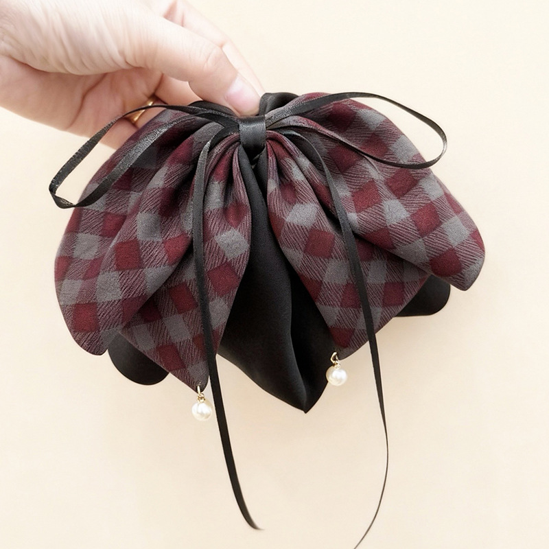 348 бордовая заколка для хвоста в клетку