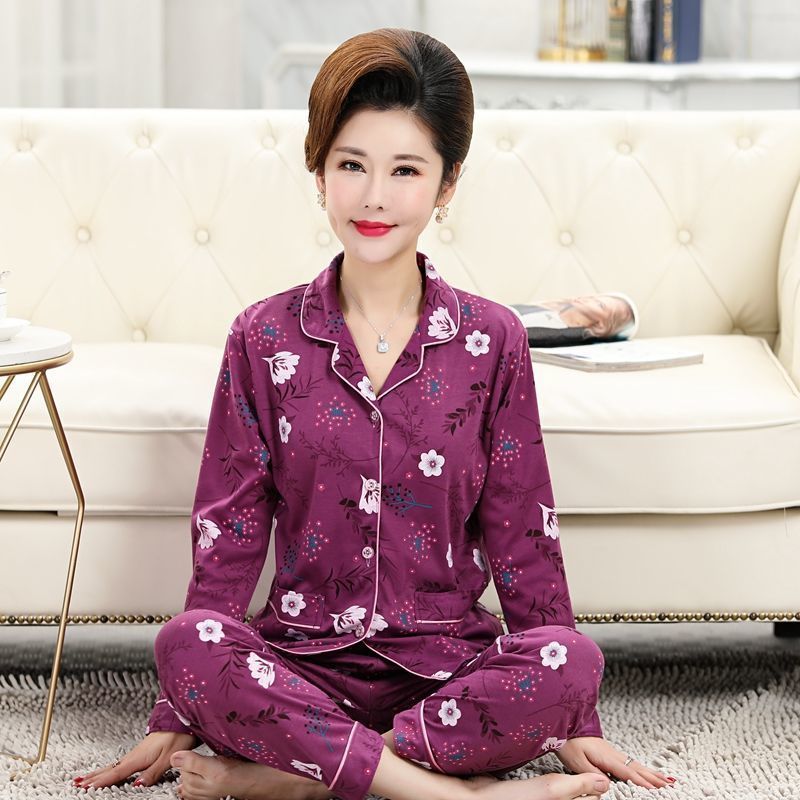 [Plus size] mamá de mediana edad y ancianos pijamas de manga larga de las mujeres de edad avanzada primavera y otoño ropa de hogar traje de Cardigan de verano