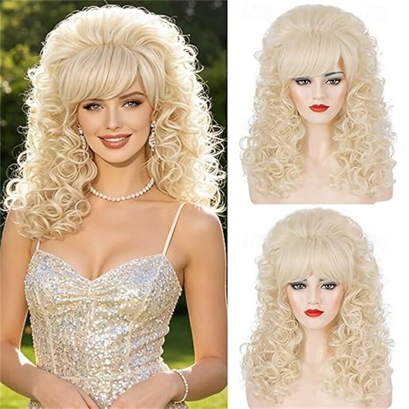 80S Beige Long Curly Retro Wig with Bangs for Women, Large Fluffy Big Wave Honeycomb Synthetic Wig 80S Beige Long Curly Retro Wig with Bangs for Women, Large Fluffy Big Wave Honeycomb Synthetic Wig