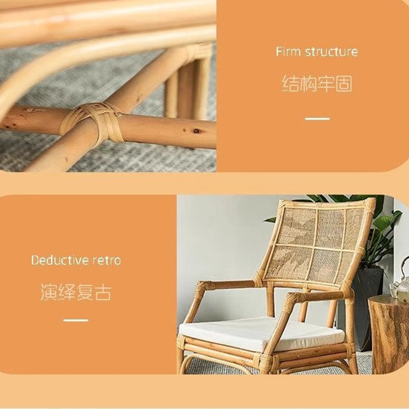 Silla de ocio vintage de ratán natural, sillón individual estilo wabi-sabi para casas de huéspedes y salones de té, silla de comedor de ratán de estilo nórdico japonés.