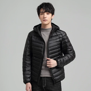 秋冬季新款时尚连帽外套男轻薄羽绒服短款潮流休闲白鸭绒纯色大码