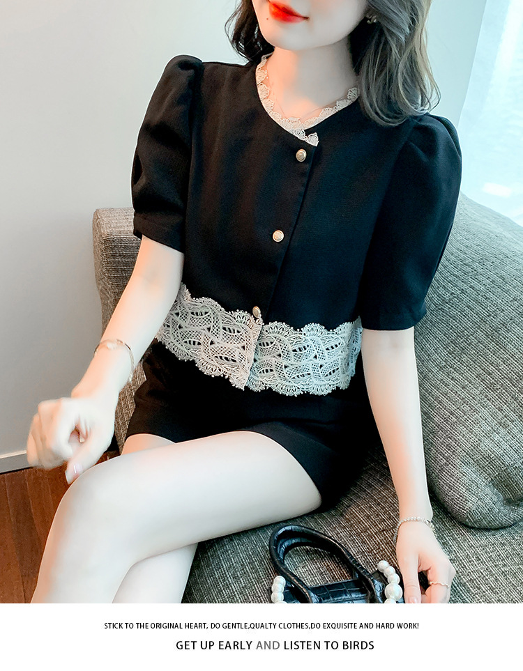 韩国东大门夏季小香风设计感复古蕾丝边拼接衬衫短款时尚气质上衣详情25