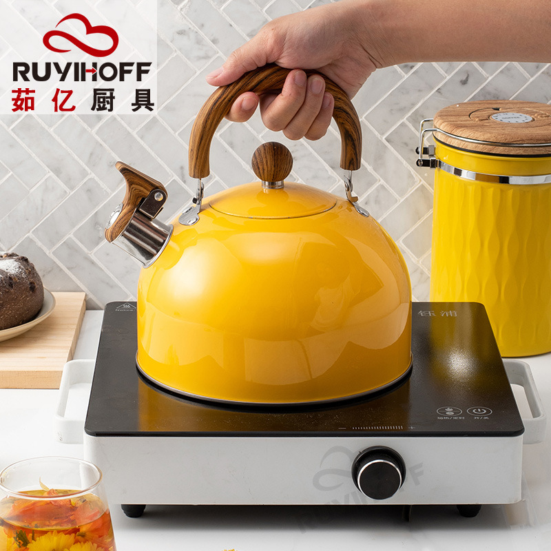 utensilios de cocina europeos y estadounidenses con fondo plano sonido tetera de agua 3L Amazon pintado amarillo flauta tetera de té y café