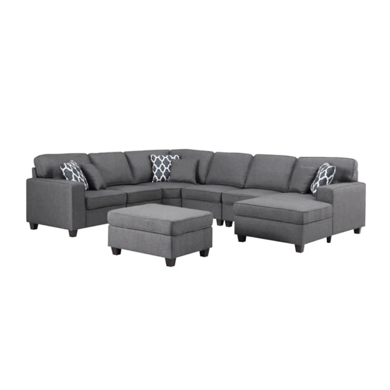 Venta al por mayor de lino moderno desmontaje y montaje de sofá esquina en forma de U 7 plazas sala de estar juego de sofá de tela seccional