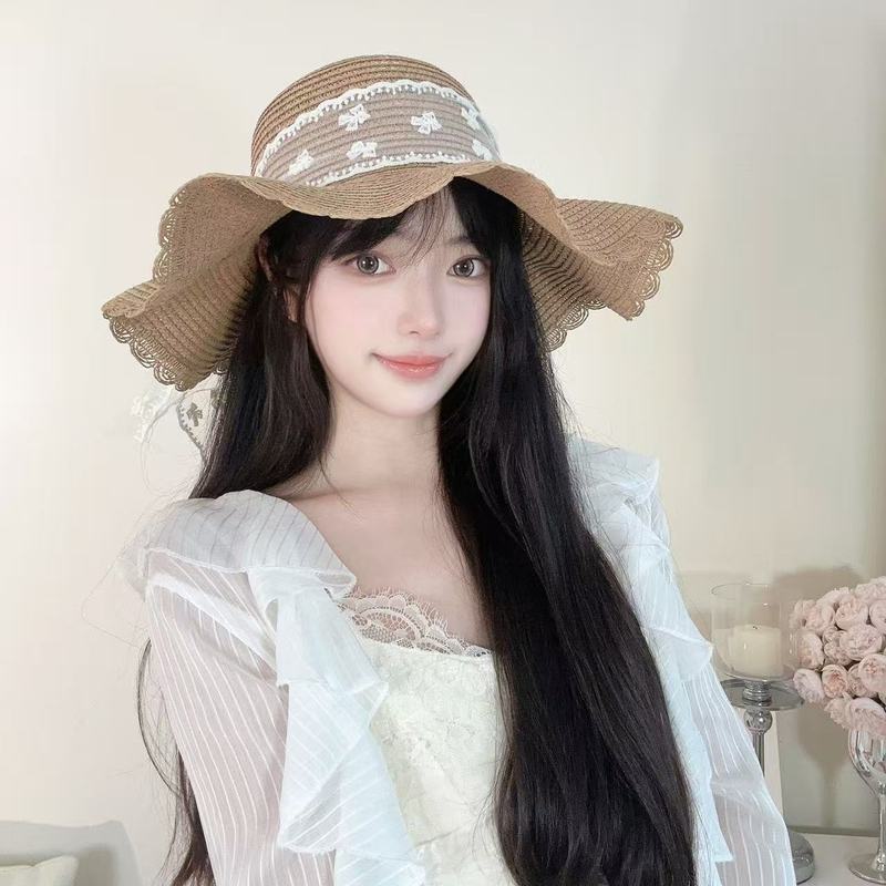 蕾丝草编太阳帽子女大帽檐夏季透气草帽海边遮全脸遮阳防晒帽子潮|undefined