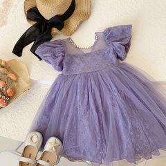 77132 Girls short-sleeved dress summer new children's mesh princess dress small and medium-sized children's bow dress