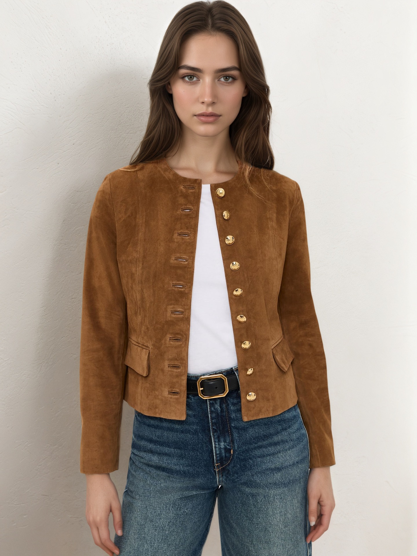 Qadın qısa süet jaket, tək düyməli, payız üçün