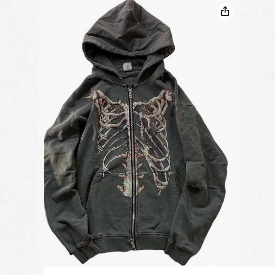 Gothic Hooded Sweater with Vintage Bone Print, Y2K Zipper Jacket, Grunge Hoodie