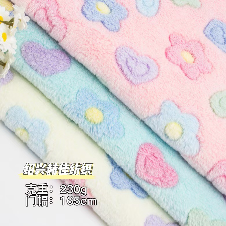 现货双面法兰绒珊瑚绒胶印印花花朵服装面料家居鞋帽