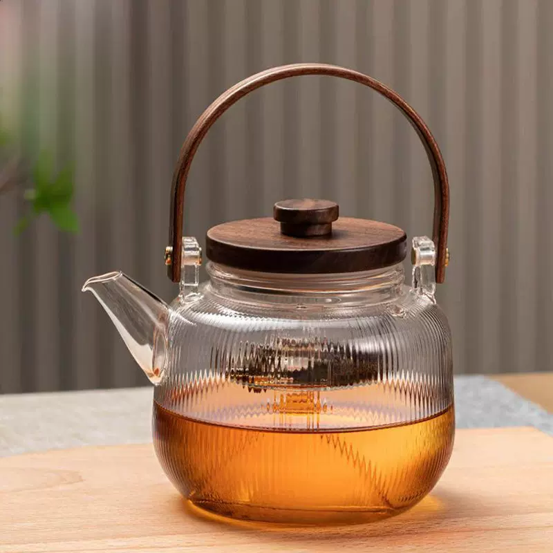 围炉煮茶高硼硅泡茶壶紫砂日式耐热玻璃煮茶壶蒸煮双用胡桃木