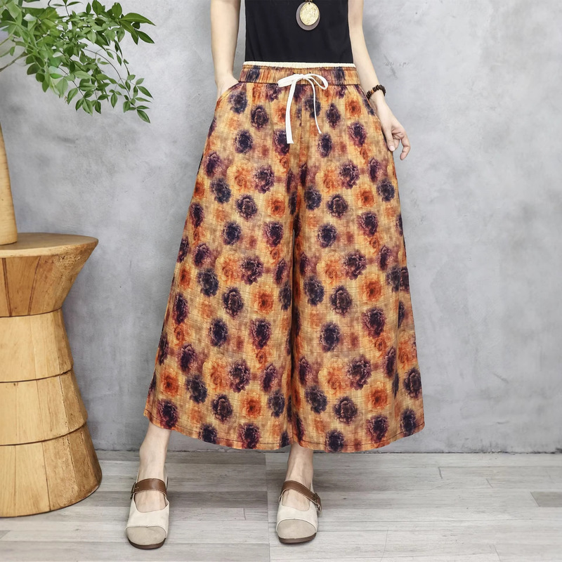 Printed Cotton-Linen Wide-Leg Pants for Women, Summer Thin Style, 2026 New High-Waisted, Drapey, Loose Casual Cropped Linen Skirt Pants