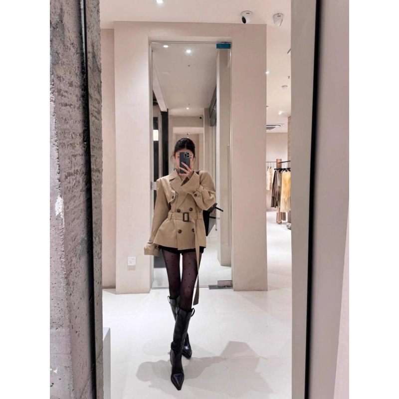 美式辣妹卡其色廓形双排扣中长款风衣秋冬感外套女涤纶半开领长袖|undefined