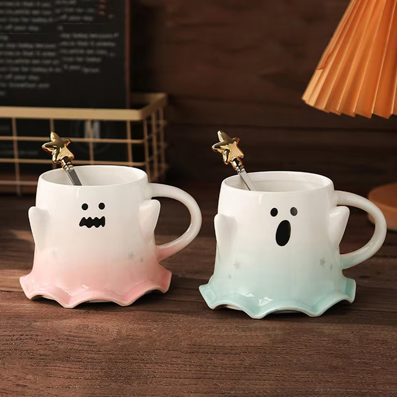 Creativo fantasma taza de cerámica con cuchara de Halloween taza de color gradiente taza de café de leche cubiertos diarios