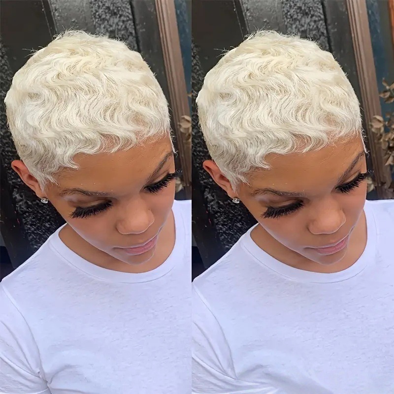 6inch 60# color human hair wig pixie cut真人发发套白色发套|undefined