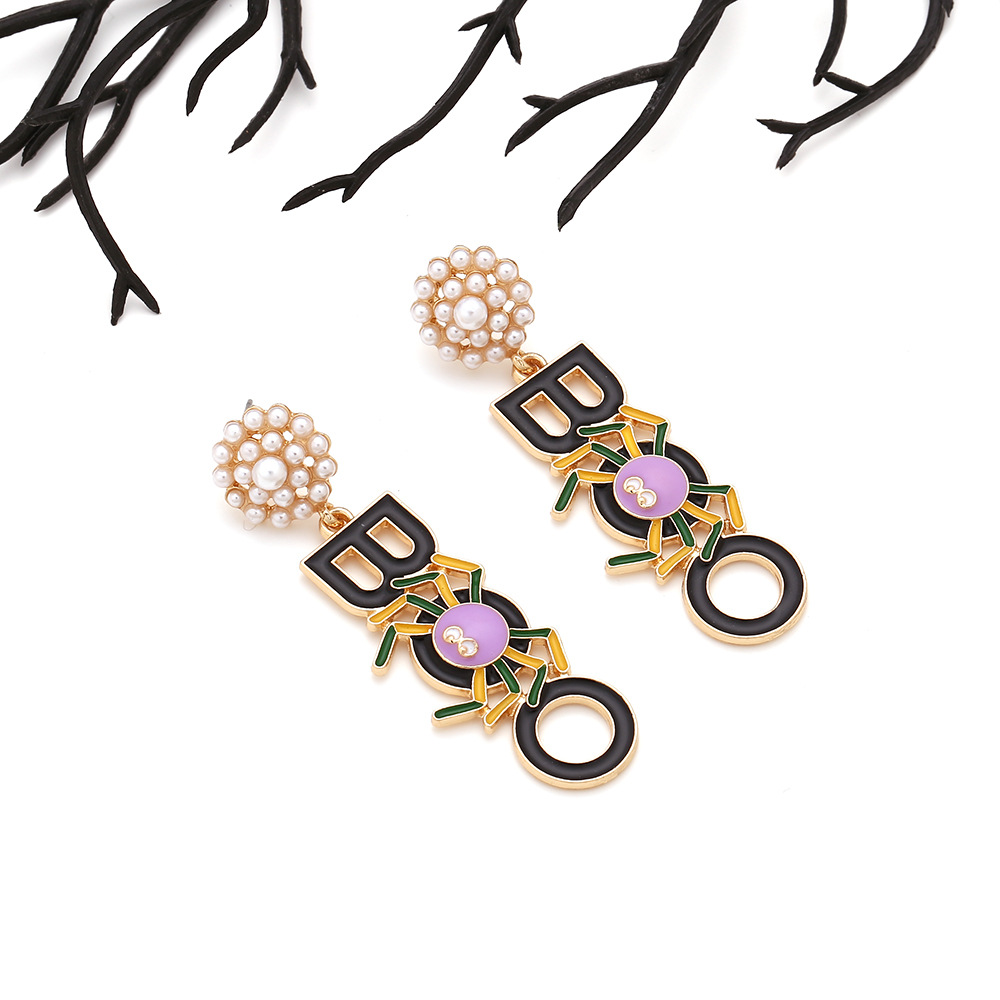 Alloy Material Halloween Festival 1 Pair Halloween Hip-Hop Funny Letter Spider Enamel Plating Inlay Alloy Artificial Pearls Drop Earrings