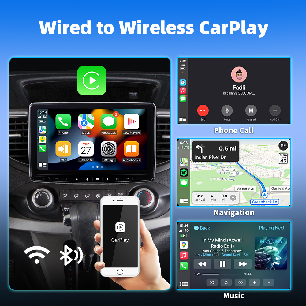 CarPlay adapter for in-car use: instantly converts wired connections to wireless, enabling seamless connectivity between your car and your device, with lossless installation