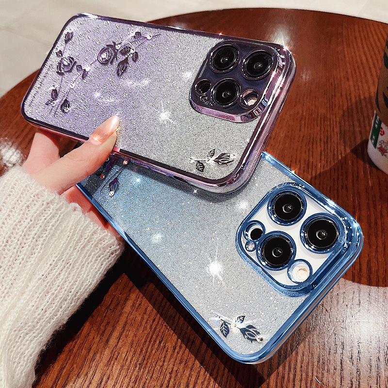 Aplicable a iPhone17Pro caso de teléfono móvil gradiente polvo de brillo de diamante de manzana 16 galvanizado inmortalidad flor de caída funda suave