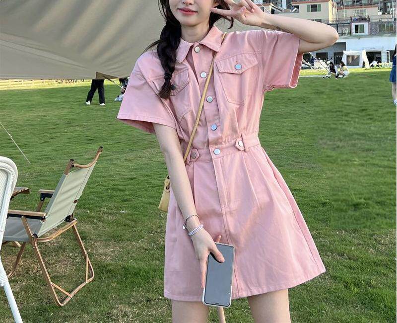 Đầm denim nữ tay ngắn cổ polo dáng chữ A chiết eo phong cách thanh lịch — Màu be, Màu hồng chi tiết 8
