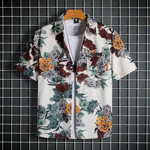 Vintage Summer Streetwear Brand Full Print Short-Sleeve Flower Shirt for Men Street Style Loose Couple Hawaiian Style Versatile Shirt