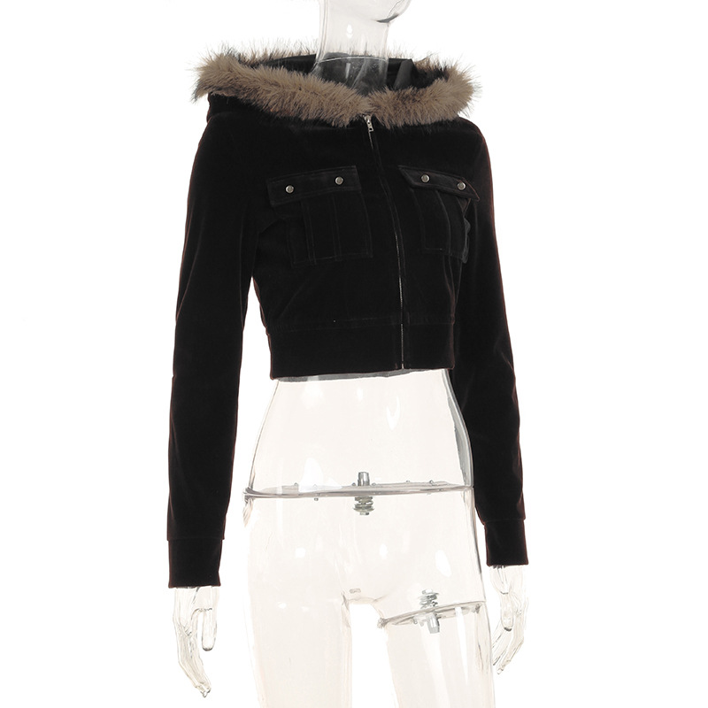 Women Fur Stitching Hooded Zip Cardigan Pocket Design Jacket Autumn Winter Solid Color Sexy Velvet Coat