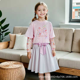 女童假两件T恤儿童夏季新款纯棉防晒袖中小童短袖刺绣小女孩网红.