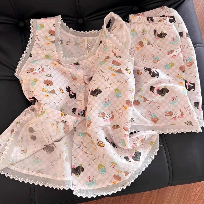 Pijamas con estampado de cachorro de dibujos animados dulce para mujer verano nuevo estilo chaleco de encaje pantalones cortos ropa a domicilio traje de dos piezas