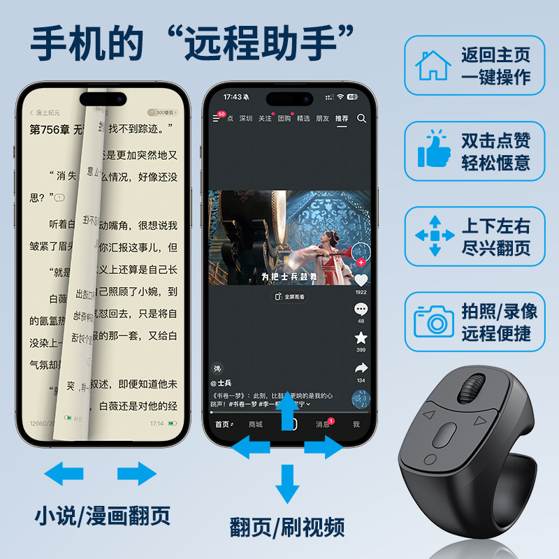 跨境新款手机蓝牙遥控器自拍神器电子书翻页器短视频指环遥控神器|undefined
