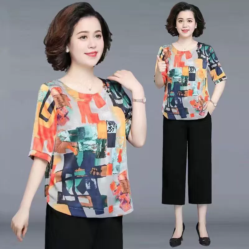 Silk summer clothing for mother, sleeves, summer set, with short sleeve, western style