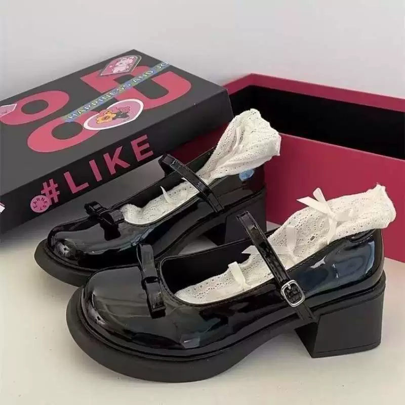 2025 новые туфли Мэри Джейн с круглым носком, толстым каблуком, французским ретро-бантом, универсальные, из кожи, размеры 34-42