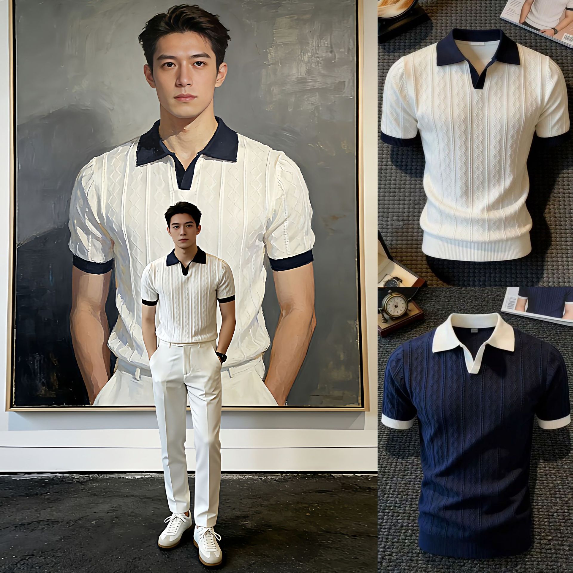 Polo camiseta de punto camiseta de manga corta hombre cuello en V cuello gaviota color de textura vieja camiseta de viento de verano fábrica transfronteriza al por mayor