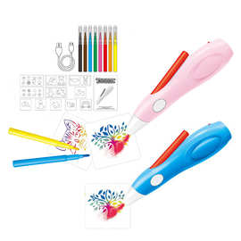 跨境儿童电动水彩喷喷笔手绘彩色画笔可水洗12色电动喷绘笔套装